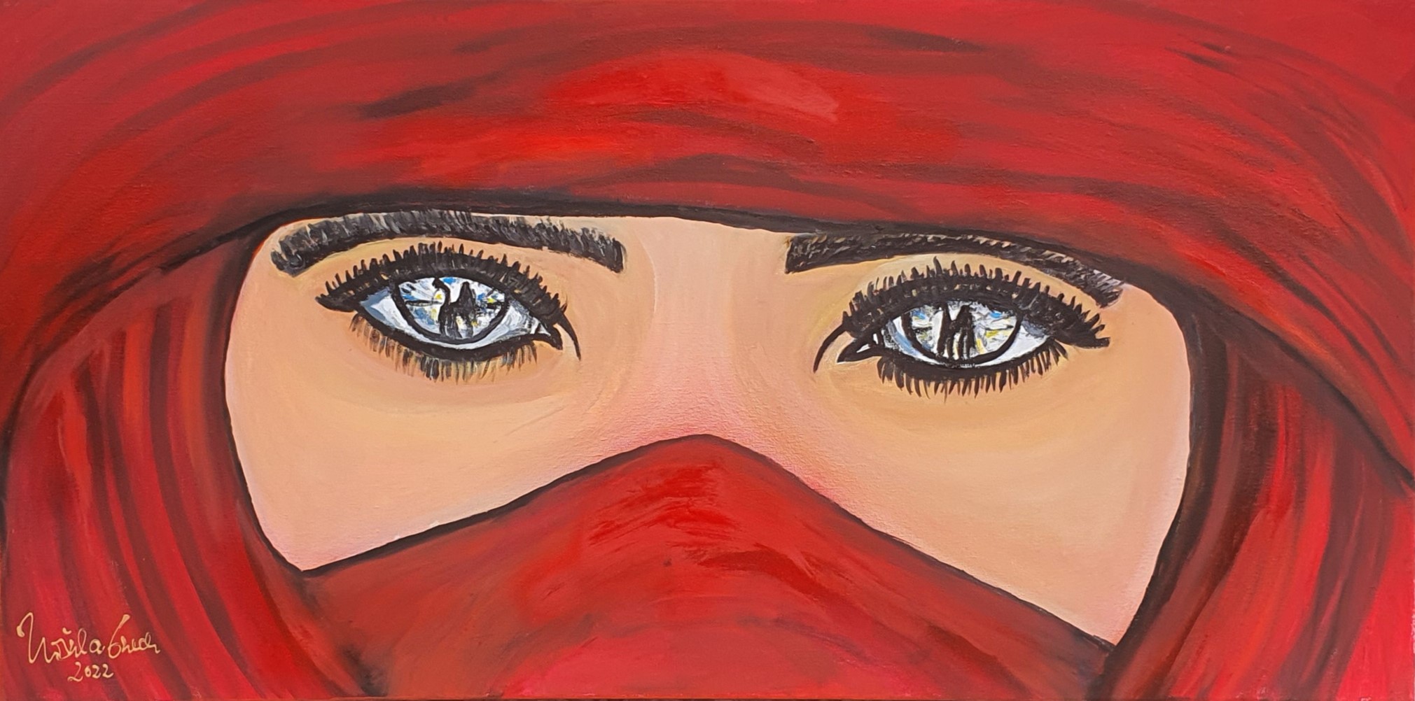 Eye-contact to the Targia-girl (Technic: Oil on Canvas 1,00 m X 50 cm x 2 cm)
