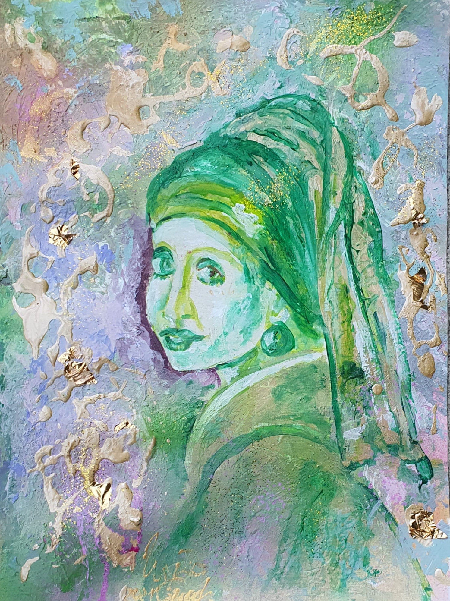 "354 years later: The girl with the pearl-earring" (Technic: Acryl/Zement/Mixed Media) Special-paper: 30 X 40 X 0,2 cm