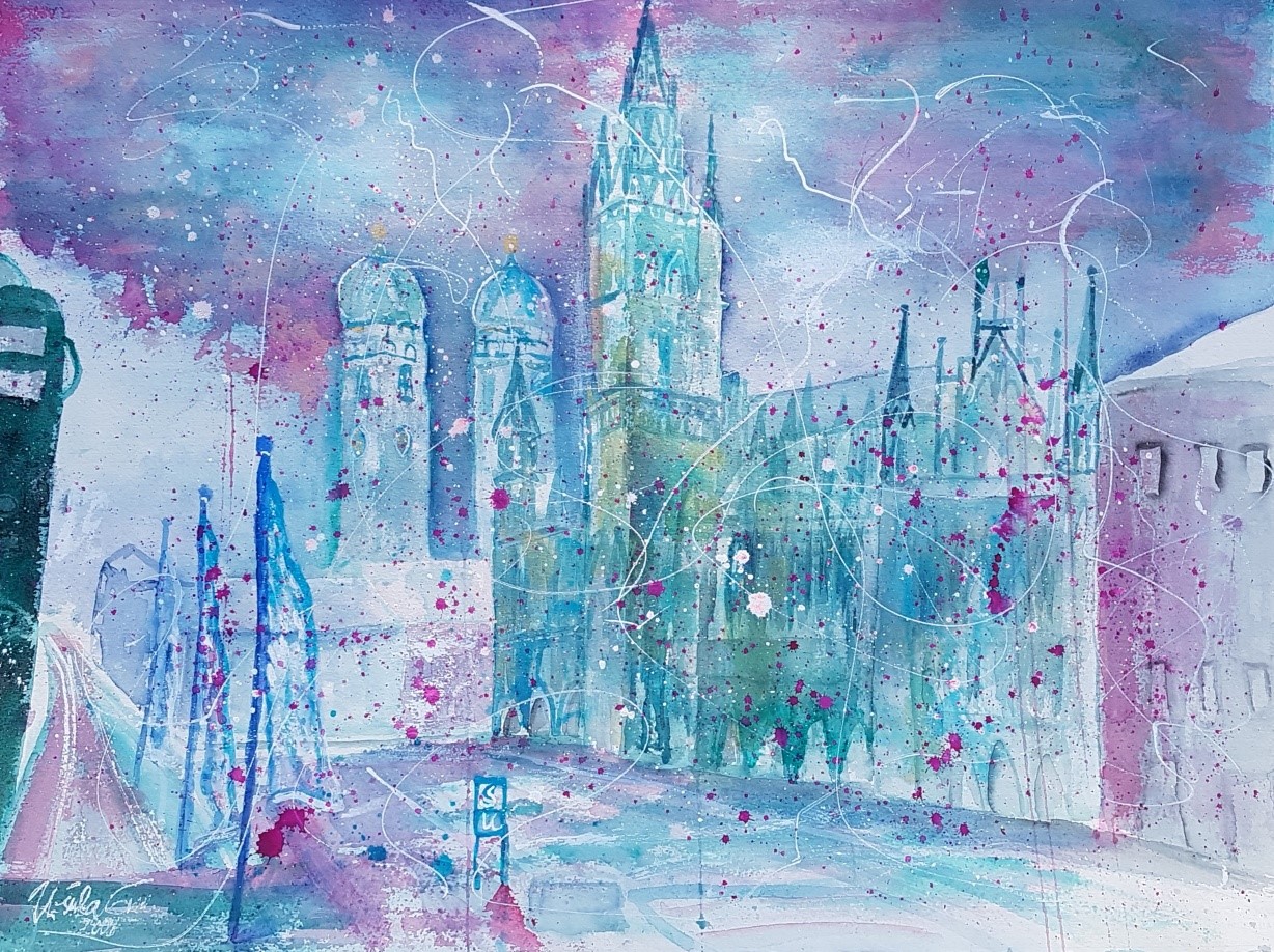 München am Marienplatz live (Munich on Marien-place live) (Technik: Aquarell auf Fabriano 600 g, 56/76 cm)
