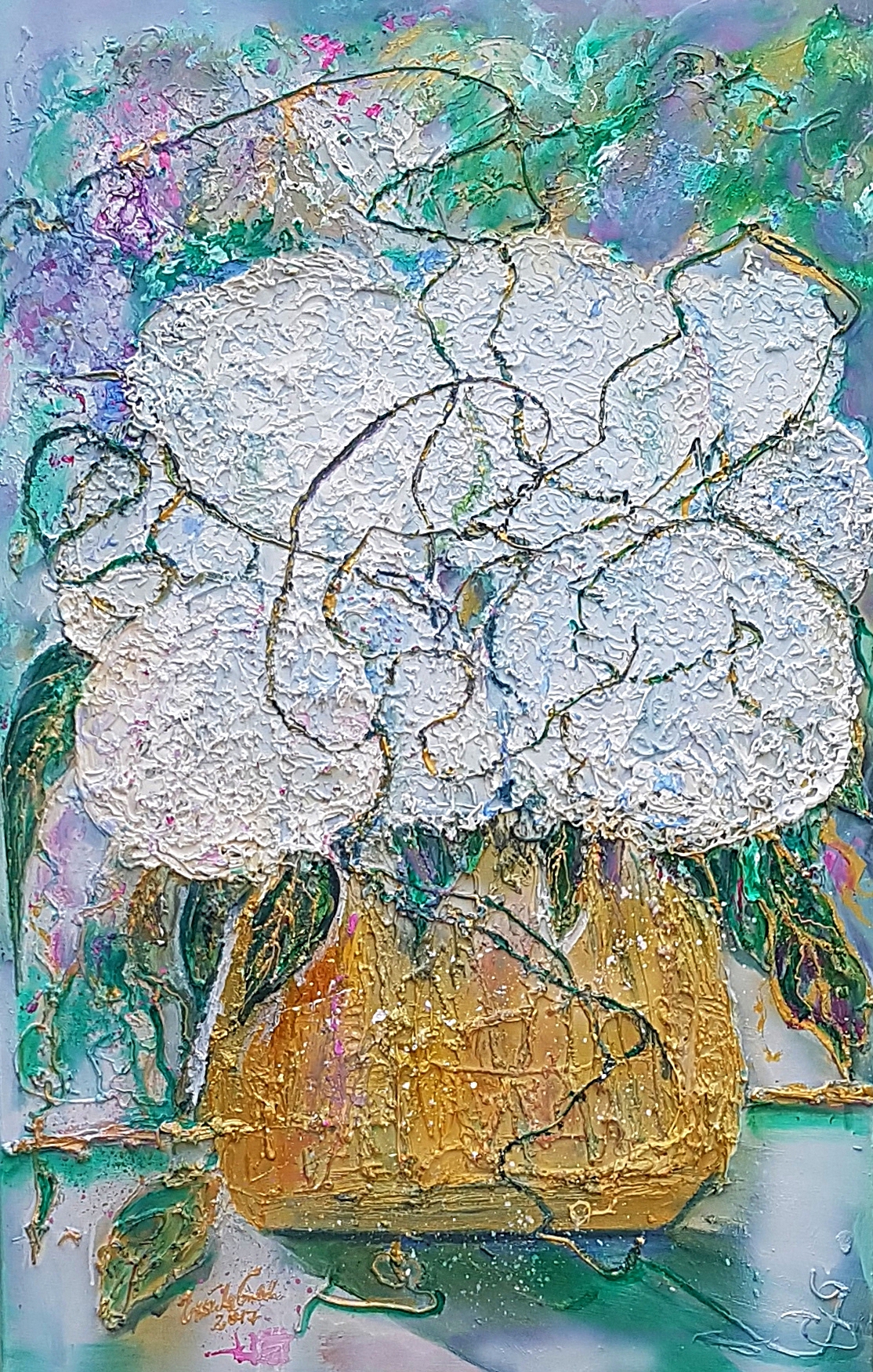 weiße Hortensien in goldener Vase (Technik: Acryl auf Leinwand 75 X 115 cm)