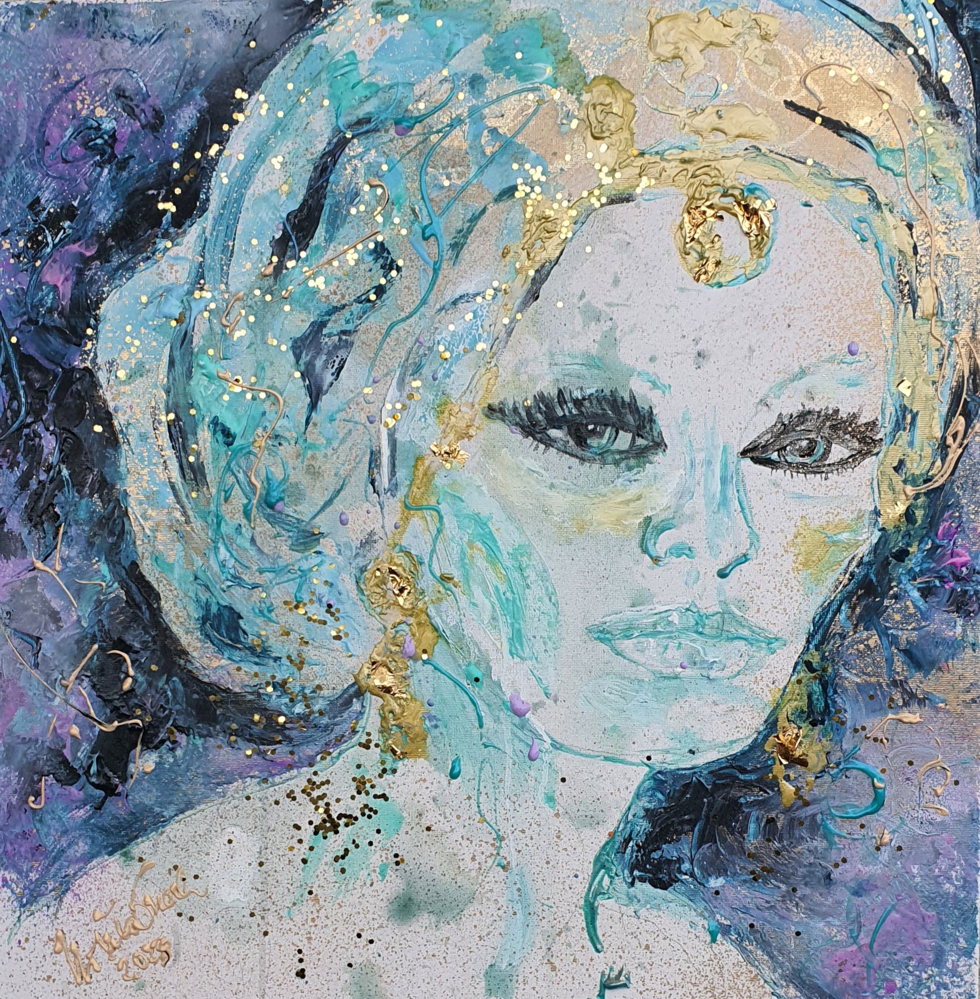"Diva" (Technic: 50 X 50 X 1,5 cm on Canvas, Acryl/Mixed Media, Gold leaf ) ready to hang!!!!