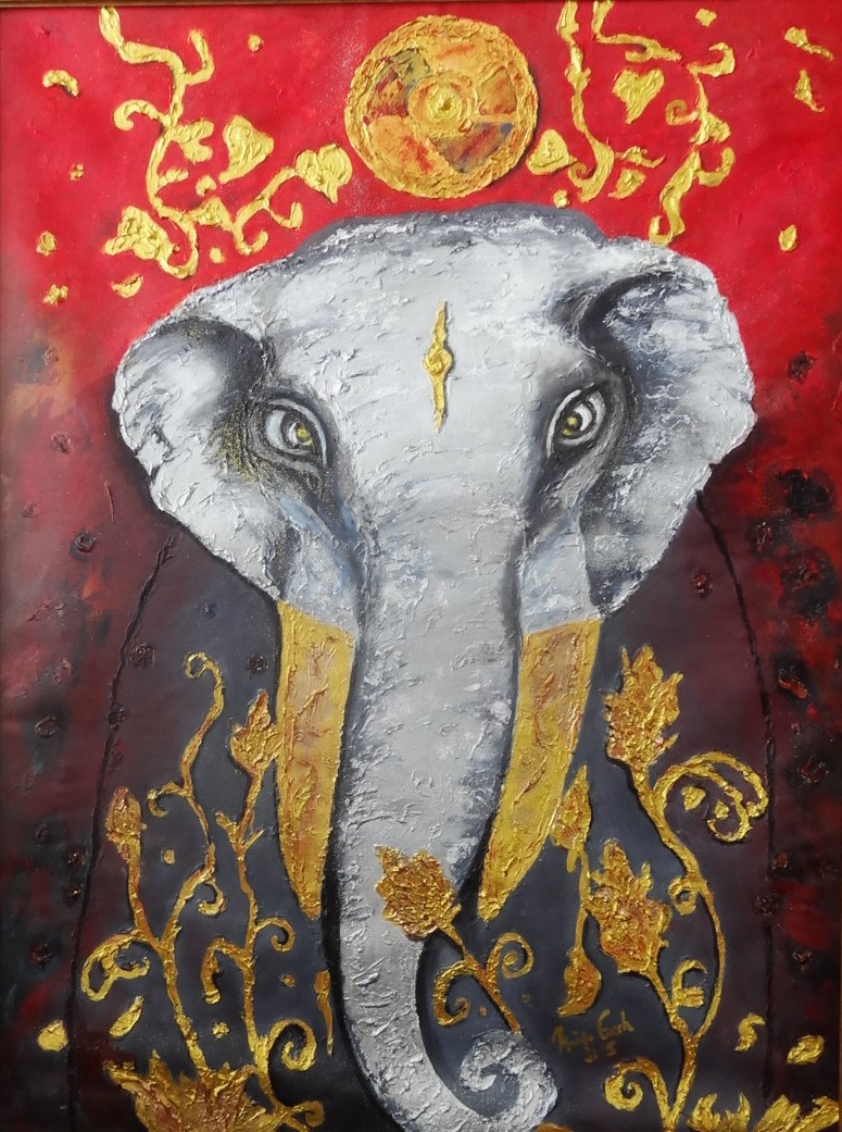 Buddhistischer Elefant (Technik: Öl/Acryl auf Leinwand 1,20 m X 90 cm)
