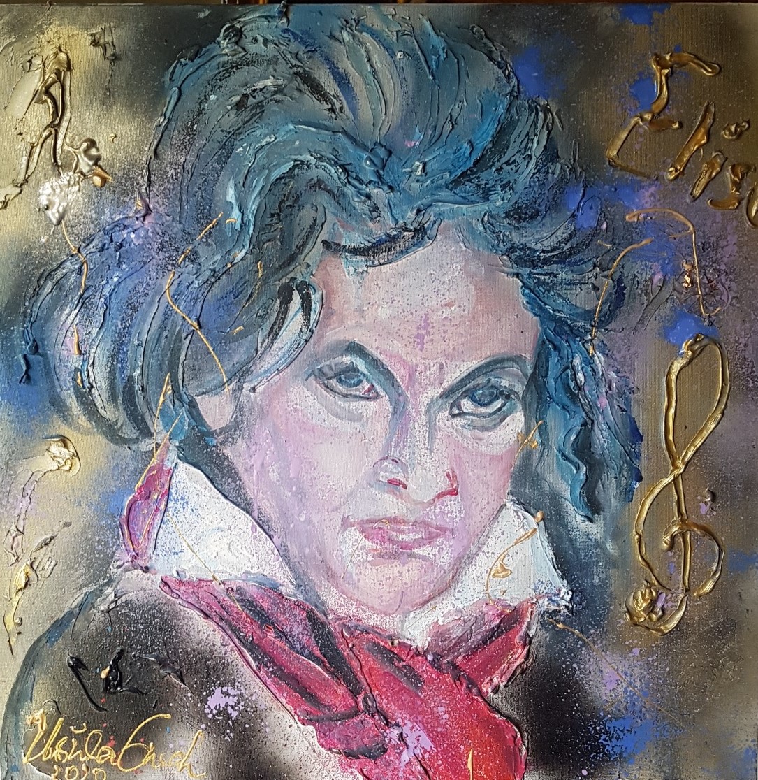 Ludwig van Beethoven in 2020 (Leinwand: 50 X 50 X 3,5 cm, Technik: Acryl/Mixed Media (Papiergold)
