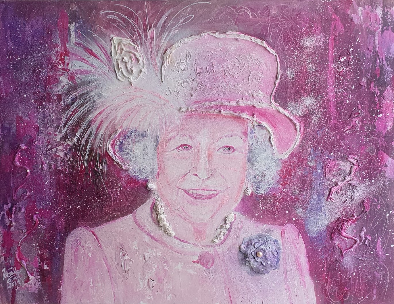The unique Queen Elizabeth II. (Technik: Acryl, Zement pp. auf Leinwand 60 X 80 X 1,5 cm)