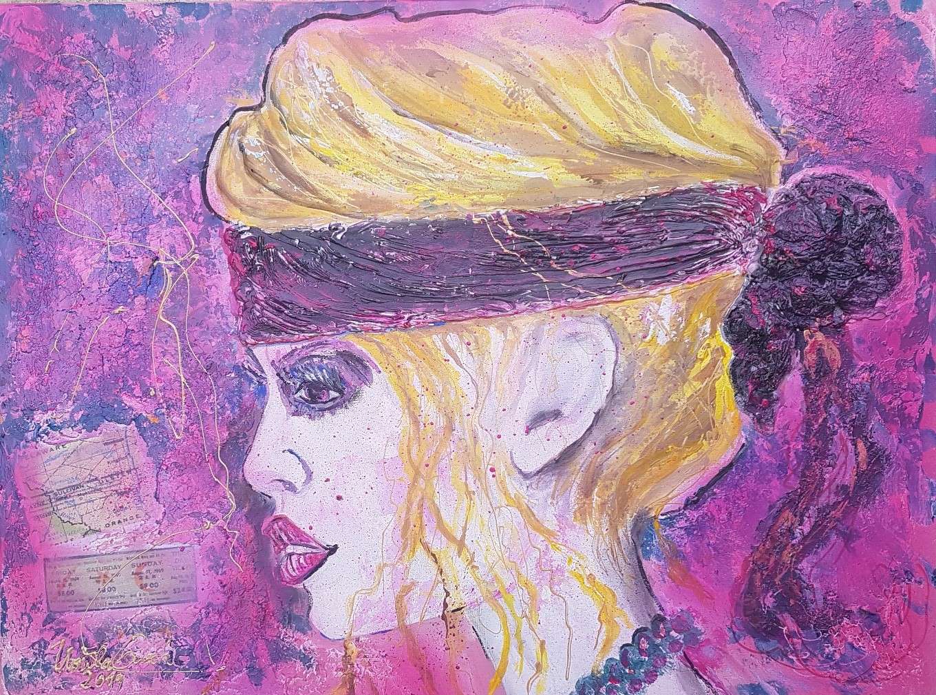 (Woodstock-Collage Brigitte Bardot on the way to woodstock in 1969/ Painting  80 W x 60 H x 1.5 cm