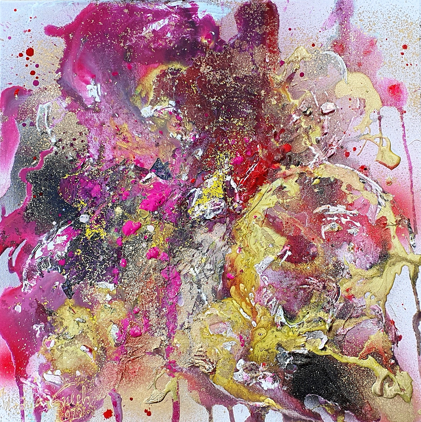 The power of love, abstract painting (Technic: Acryl/Mixed Media, Gold leaf on Canvas, 50 X 50 X  1,5 cm)