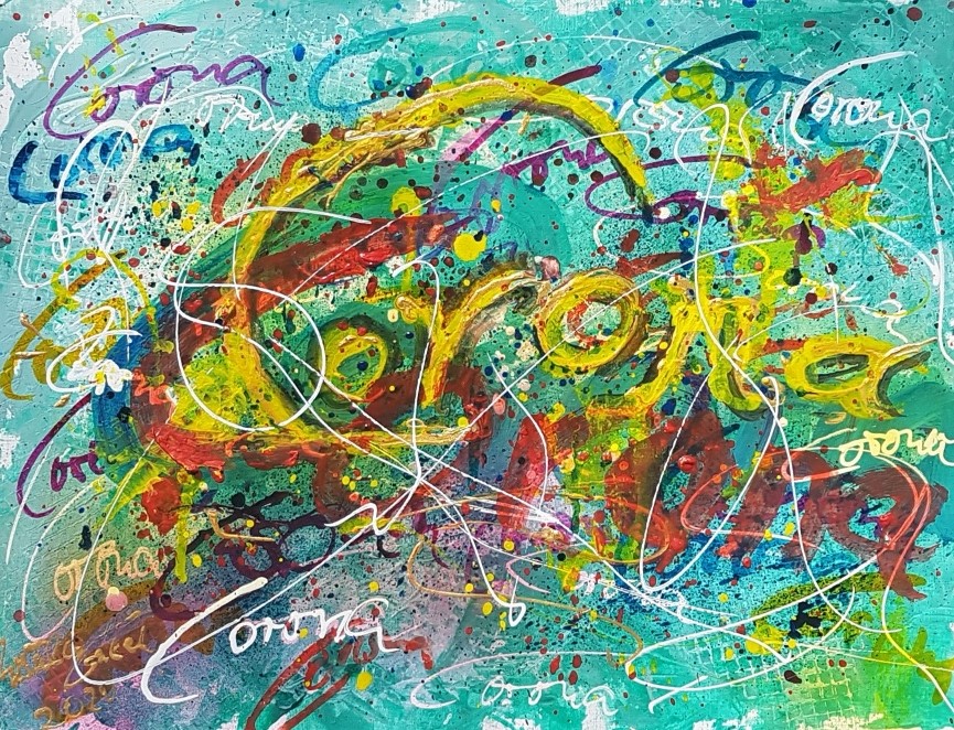 Corona-Pandemie made in China (Acryl/Mixed Media auf Acryl-Papier 30 X 39,5 X 0,2 cm)