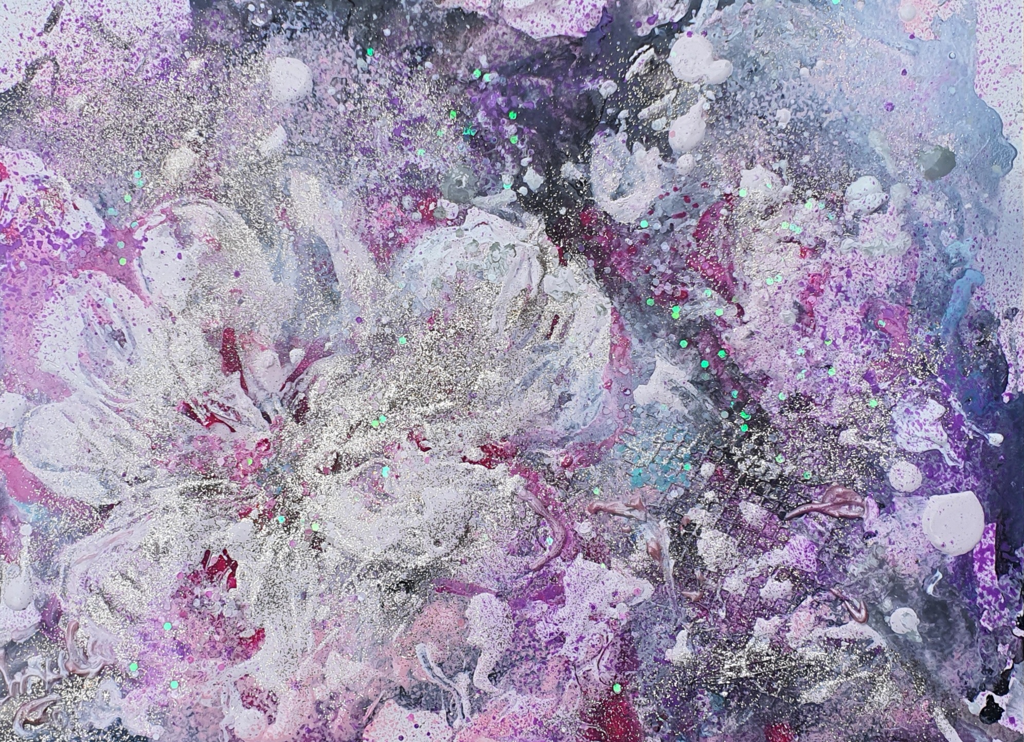 lovestory in the magnolia-rain  - abstract painting (Technic: Acryl, Mxed Media on paper, 30 X 40 X 0,1cm)