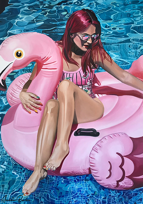 Flamingo in the pool - 1er Prix du 15ème Salon de peinture toutes techniques Rankart - Huile sur toile (116x80,5cm)