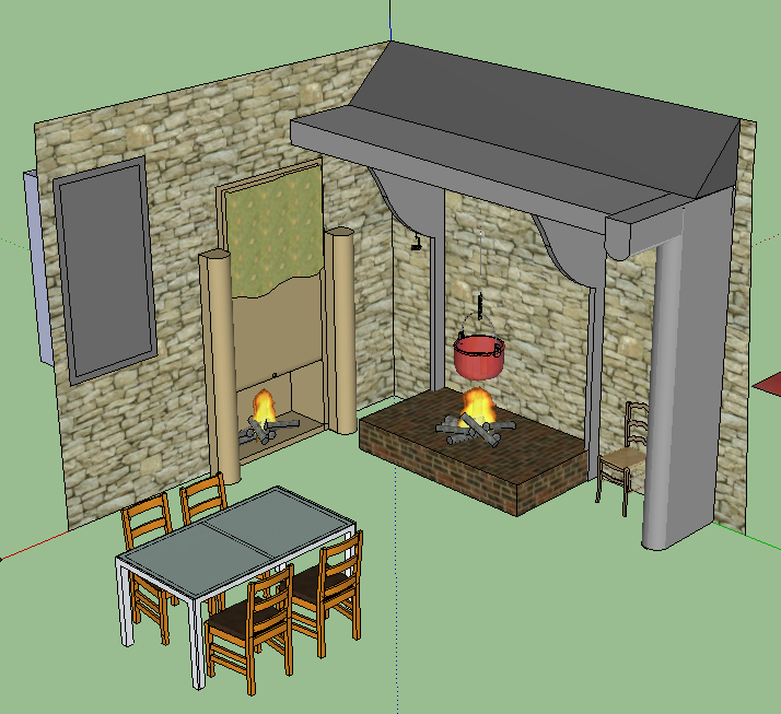 Reconstitution de la salle de séjour coté cuisine. avec la cheminée à droite et le Bugeadier pour la lessive à gauche.