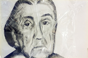 Gertrude Stein (Ähnlichkeit), o.J.  (frühe 1990er Jahre) Graphitstift, Papier, Folie; digitalisiert 2013/15; Druck bis 100 x 70 cm möglich