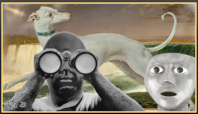 Marianne Demmer Schöne Aussichten (2020). Serie Visuelle Denkräume Mit Elementen/Transformationen aus: Richard Mosse Incoming (Video-Still, 2014-2017), Jean Baptiste Oudry White Greyhound (1748), Elizabeth Alexander The black Interior (2014), Frederic Chu