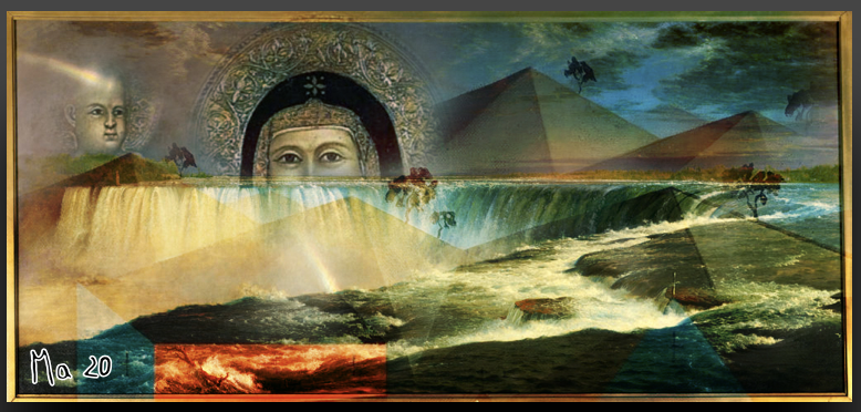 Marianne Demmer Licht (2020)  Serie Visuelle Denkräume  Mit Elementen/Transformationen aus: Frederic Church Niagara (1857),  James Watkins Cubist Light III (2020),  Giotto di Bondone Madonna und Kind (1297)