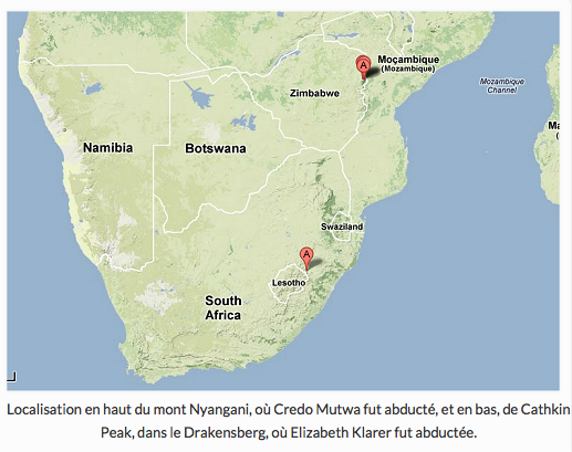 localisation en haut du mont Nyangani où Crédo Mutwa fut abducté et en bas, de Cathkin Peak, dans le Drakensberg où Elizabeth Klarer fut abductée