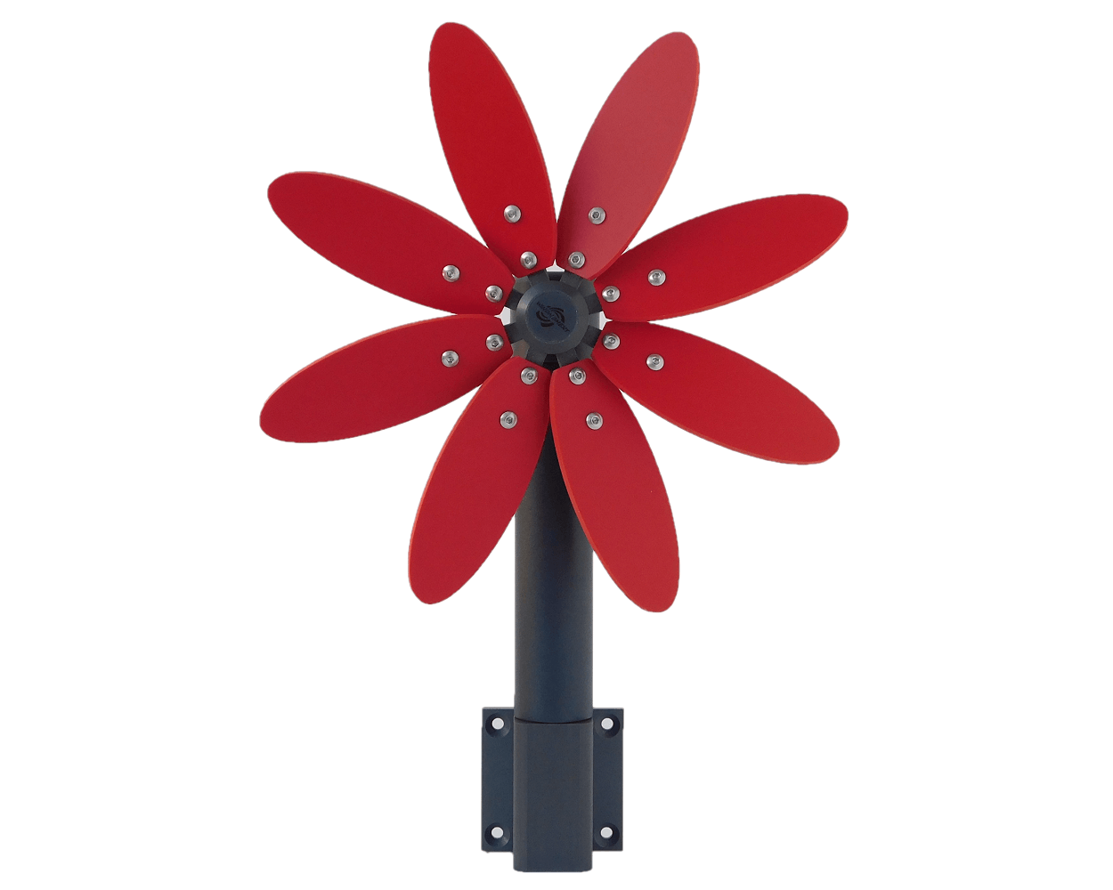 Kleines rotes Deko-Windrad mit acht roten Flügeln. Das Windrad ist an einem grauen Rohr befestigt an dessen Ende ein quadratischer Wandhalter angeschraubt ist.
