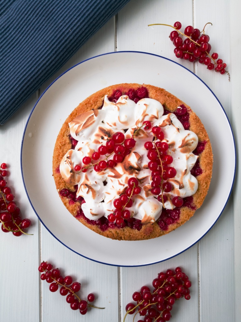 Johannisbeer- oder Rhabarber-Kuchen mit Baiser-Haube, Marshmallow- oder Swiss Meringue-Topping