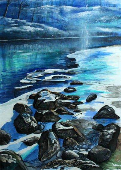 L' Arve sous la neige, aquarelle 2012