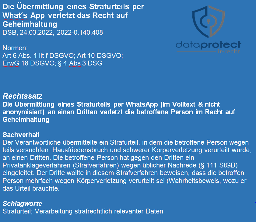 Übermittlung eines Strafurteils per WhatsApp zwischen Privaten zur Verwendung in einem anderen Strafverfahren: keine Haushaltsausnahme und DSGVO-Verletzung