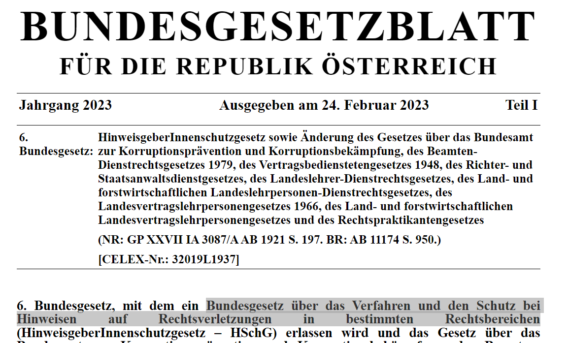 HinweisgeberInnenschutzgesetz (HSchG) BG über das Verfahren und den Schutz bei Hinweisen auf Rechtverletzungen in bestimmten Rechtsbereichen - Countdown läuft