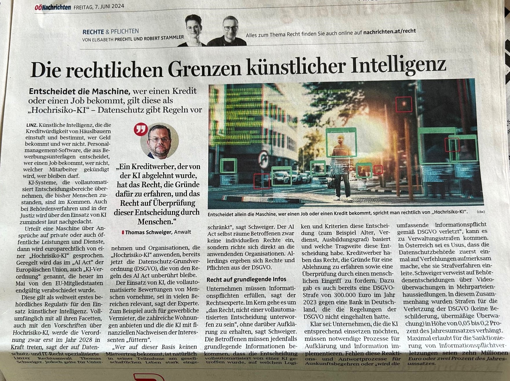 Künstliche Intelligenz und die rechtlichen Schranken - ein Artikel in den Oberösterreichischen Nachrichten vom 07.06.2024