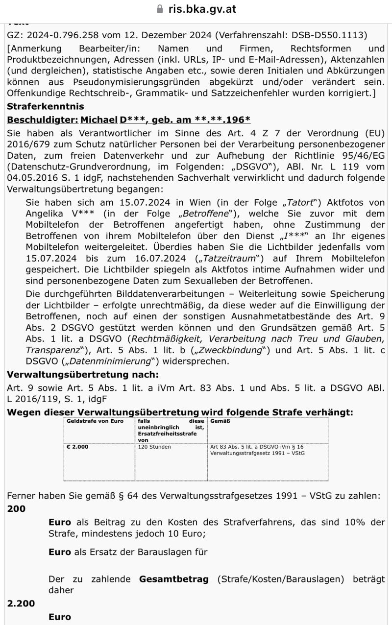 Übermittlung eines Aktfotos, das mit Zustimmung angefertigt wurde, auf ein eigenes Speichermedium des Verantwortlichen führt zu einer Geldstrafe von EUR 2.000