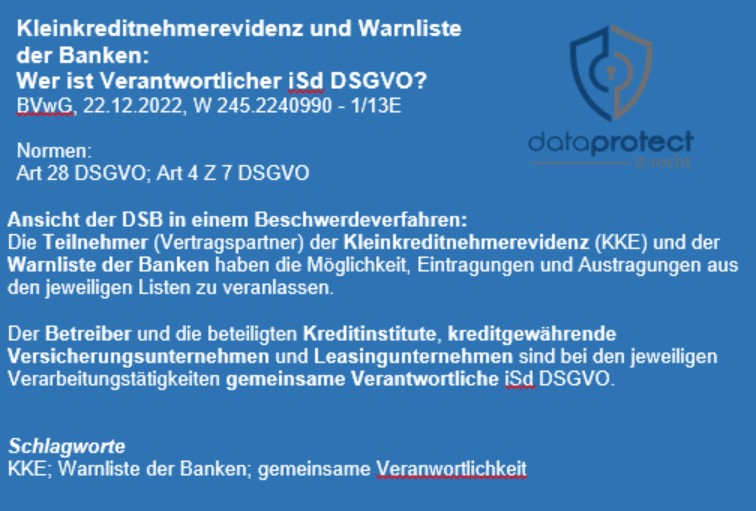 Kleinkreditnehmerevidenz und Warnliste der Banken ./. Wer ist Verantwortlicher iSd DSGVO?