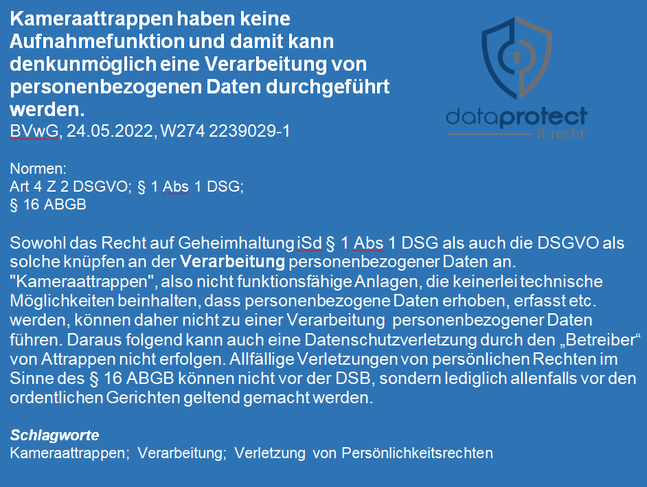 Kameraattrappen können denkunmöglich personenbezogene Daten verarbeiten und können daher das Recht auf Geheimhaltung iSd § 1 DSG bzw. die DSGVO nicht verletzen