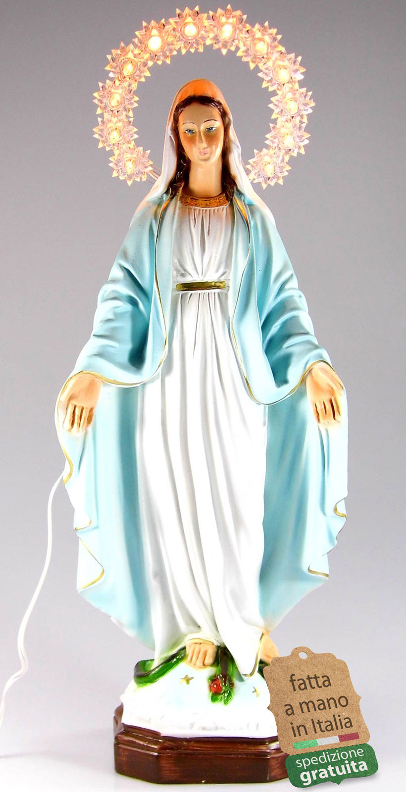 statua Madonna Miracolosa con corona illuminata