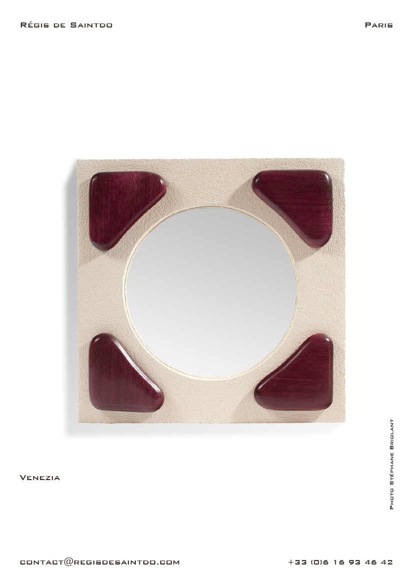 Mirror Venezia-white rough ceramic-sculpted and polished amaranth wood-handmade @Régis de Saintdo