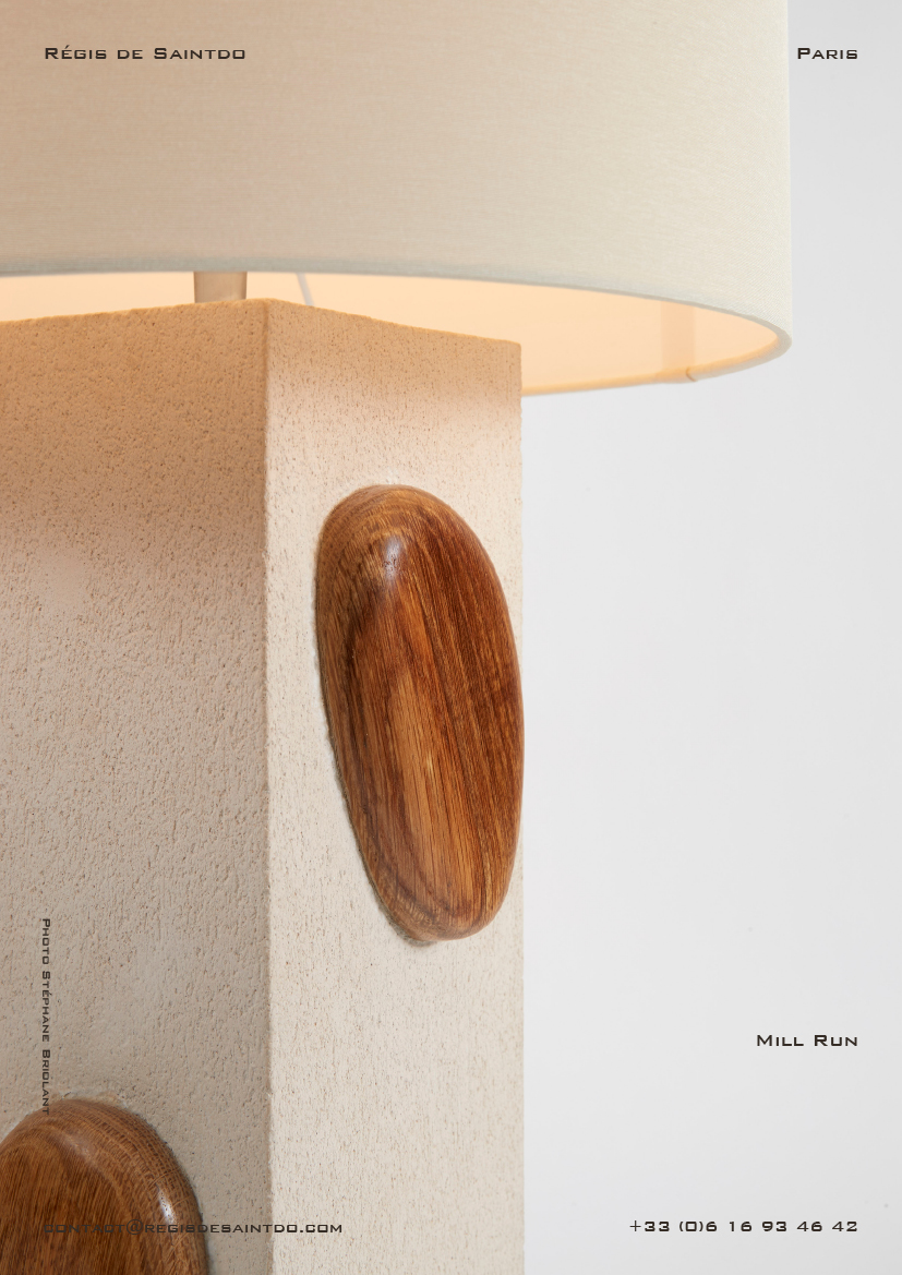 Lamp Mill Run-white textured ceramic-sculpted polished oak wood-handmade @Régis de Saintdo