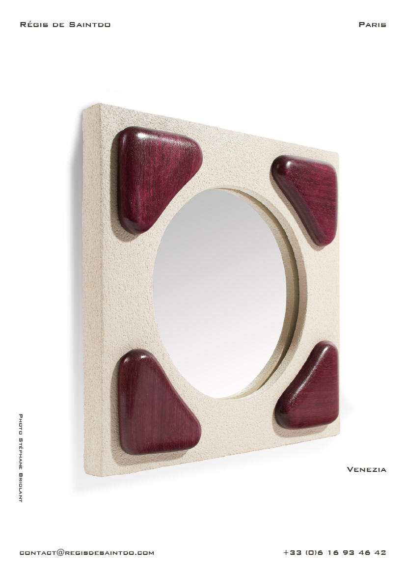 Mirror Venezia-white rough ceramic-sculpted and polished amaranth wood-handmade @Régis de Saintdo