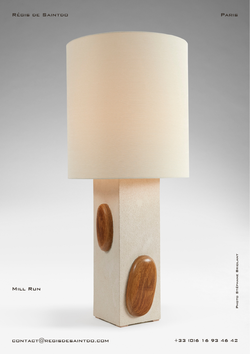 Lamp Mill Run-white textured ceramic-sculpted polished oak wood-handmade @Régis de Saintdo