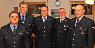 Wechsel an der Spitze der Jugendfeuerwehr Schwendi-Wain: Rainer Segmehl (Zweiter von links) übernimmt das Amt von Thomas Stanossek (Mitte). (Foto: Bernd Baur)