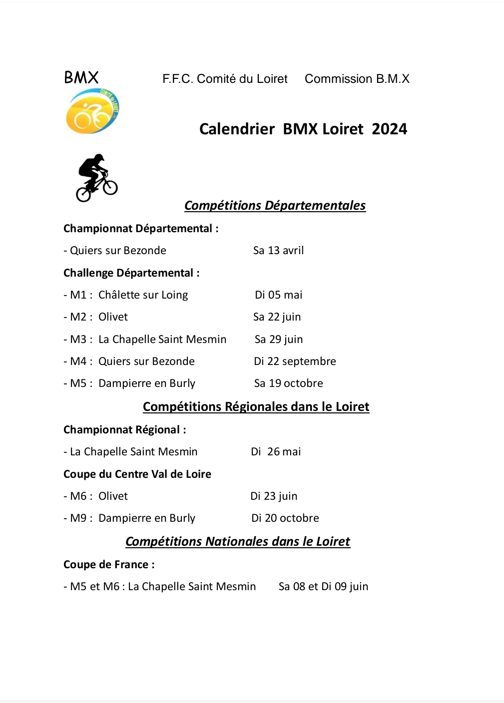 Calendrier BMX Loiret