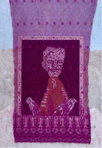 krieg – auschwitz – schwitz aus - maße 138 x 90 cm gleiches bild mit purpurroten vorhangschleier 