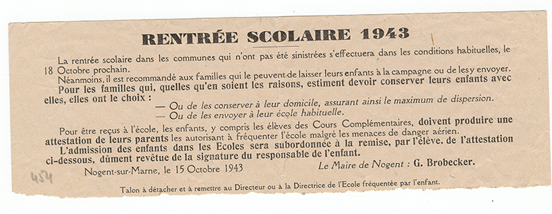 rentrée scolaire1943 - instruction rentrée scolaire de 1943 Coll. Musée de la Résistance nationale à Champigny-sur-Marne.