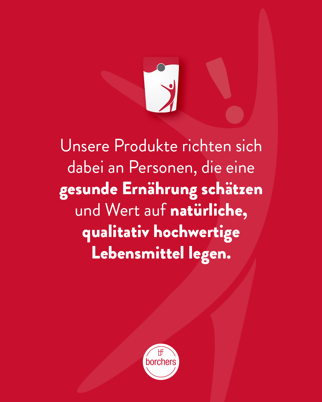 Rote borchers Marken-Grafik mit Produkticon und Text über gesunde Ernährung, natürliche Zutaten und qualitativ hochwertige Lebensmittel.