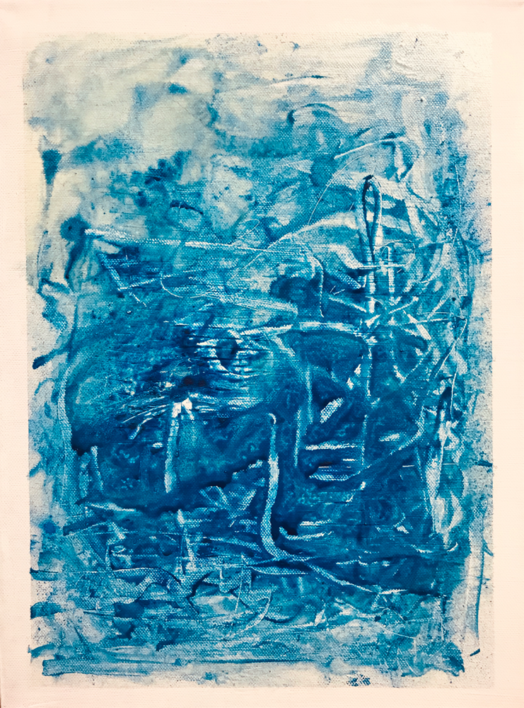 White bordered variations in blue III , Mixed media on canvas / 40 x 30 cm / 2019 / 119