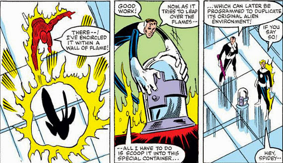 Scène de séparation entre Spider-Man et le symbiote dans The Amazing Spider-Man #258 de 1984
