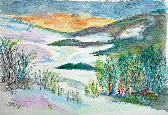 Paysage dessiné au pastel gras aquarellable