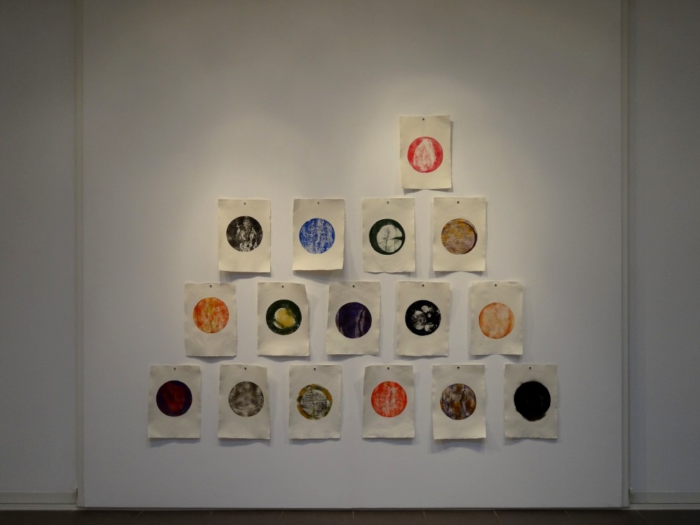 Vue de l'exposition Cécile White, Empreinte carbone. "Tas de Soi". Installation de 16 monotypes acrylique sur papier coton, 29,5x41 cm pièce, 2015.
