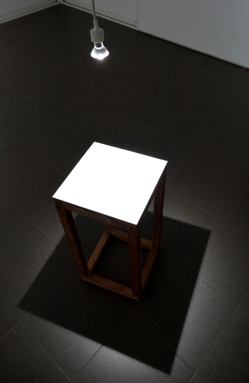 Carlos Bernal, Vers l'ombre, 2016, semi sphère plastique, 12 cm. Ø env., table en bois, 35 x 70 x 35 cm. env., ampoule suspendue au plafond, dimensions variables. 
