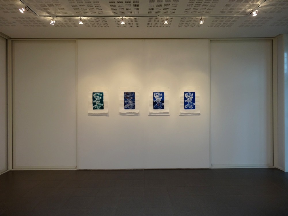 Vue de l'exposition Cécile White, Empreinte carbone. "Les marques du temps", 4 monotypes acryliques sur papier de lune montés sur papier aquarelle, 50x75 cm pièce, 2015.