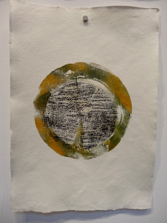 Vue de l'exposition Cécile White, Empreinte carbone. "Tas de Soi", détail. Installation de 16 monotypes acrylique sur papier coton, 29,5x41 cm pièce, 2015.