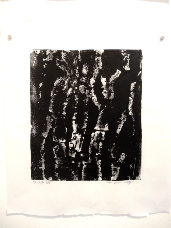 Vue de l'exposition Cécile White, Empreinte carbone. "Radiographies de mes voisins" détail, 4 monotypes acryliques sur papier de lune, 46x53 cm pièce, 2015.