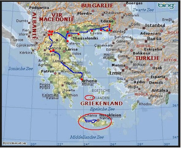 Crete, Milos and our route on the mainland of Greece.