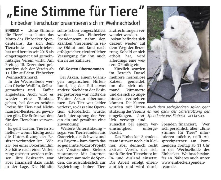 Artikel in der Einbecker Eule vom 09.12.17