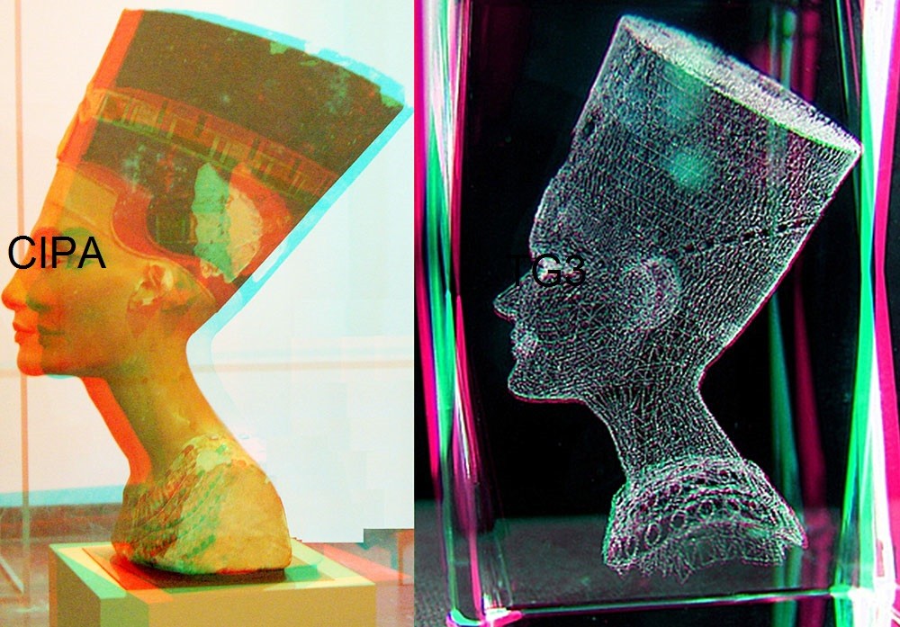 3D photography of the the antique egytian bust of Nofretete in comparison to the appearance of a lasered crystal (by St. KIEL & Walter SCHUHR)