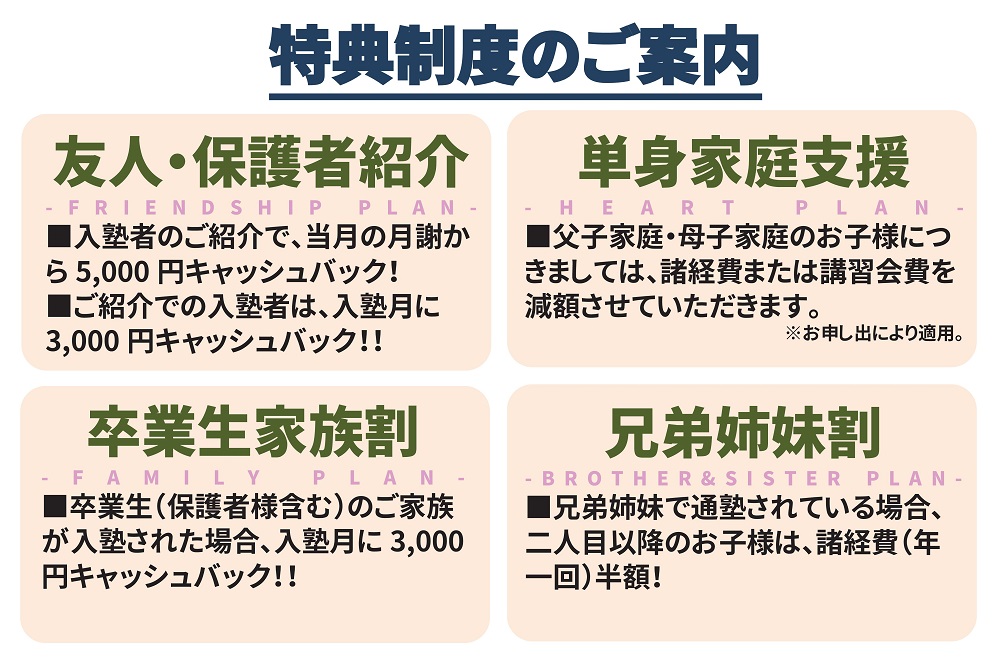 特典制度，友人・保護者紹介，単身家庭支援，卒業生家族割，兄弟姉妹割