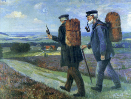 Lippische Leinenweber mit ihren “Linnenpucken” auf dem Weg nach Lemgo. Ölgemälde von Ernst Meier-Niedermein, um 1900